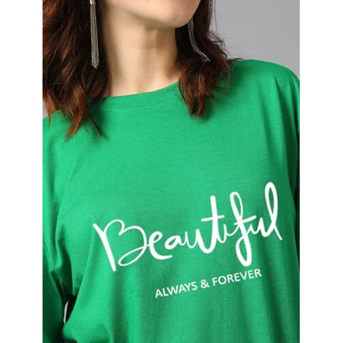 Kotty Women's Printed, Typography Round Neck Cotton Blend 3/4 Sleeve T-Shirt(Green,L)