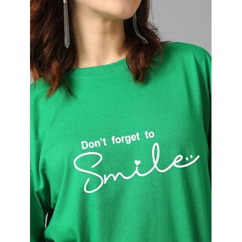 Kotty Women's Printed, Typography Round Neck Cotton Blend 3/4 Sleeve T-Shirt(Green,Xl)