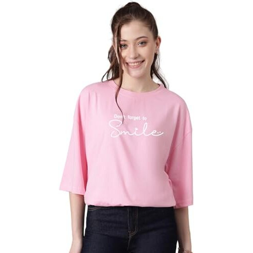 Kotty Women's Printed, Typography Round Neck Cotton Blend 3/4 Sleeve T-Shirt(Pink,L)