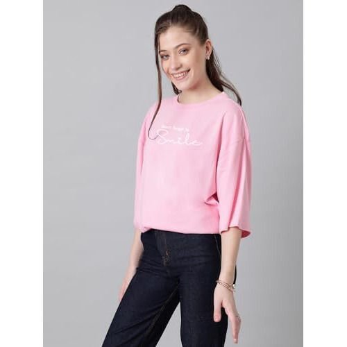 Kotty Women's Printed, Typography Round Neck Cotton Blend 3/4 Sleeve T-Shirt(Pink,L)