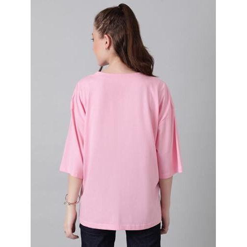 Kotty Women's Printed, Typography Round Neck Cotton Blend 3/4 Sleeve T-Shirt(Pink,L)