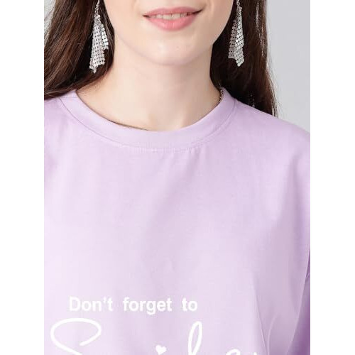 Kotty Women's Printed, Typography Round Neck Cotton Blend 3/4 Sleeve T-Shirt(Purple,S)