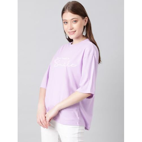 Kotty Women's Printed, Typography Round Neck Cotton Blend 3/4 Sleeve T-Shirt(Purple,M)