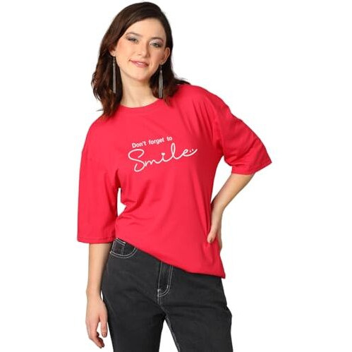 Kotty Women's Printed, Typography Round Neck Cotton Blend 3/4 Sleeve T-Shirt(Red,S)