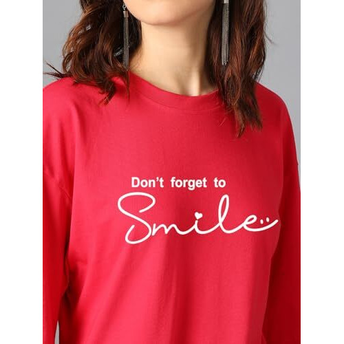 Kotty Women's Printed, Typography Round Neck Cotton Blend 3/4 Sleeve T-Shirt(Red,S)