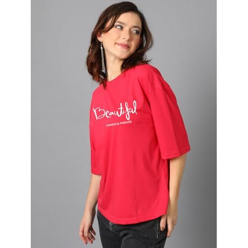Kotty Women's Printed, Typography Round Neck Cotton Blend 3/4 Sleeve T-Shirt(Red,S)