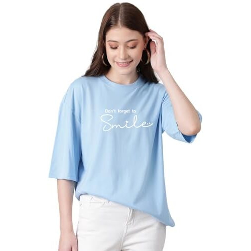 Kotty Women's Printed, Typography Round Neck Cotton Blend 3/4 Sleeve T-Shirt(Blue,Xl)