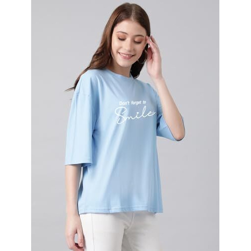 Kotty Women's Printed, Typography Round Neck Cotton Blend 3/4 Sleeve T-Shirt(Blue,Xl)