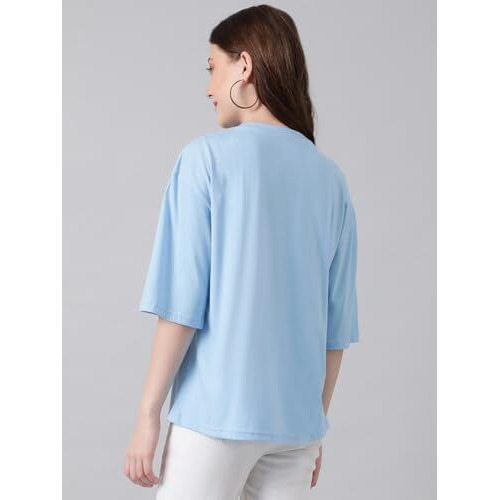 Kotty Women's Printed, Typography Round Neck Cotton Blend 3/4 Sleeve T-Shirt(Blue,Xl)