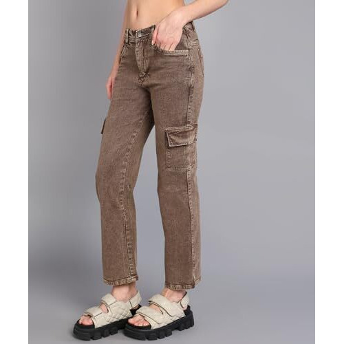 Nifty Women's Denim Stretchable Coffee Cargo Jeans(1460_Cffe_32_Coffee_32)