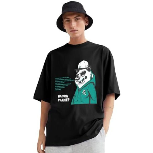 Eyebogler Oversized T Shirts For Men, Cotton Blend Panda Printed Round Neck Half Sleeves Casual Loose Baggy Tees Drop Shoulder Black Black Tshirt For Men