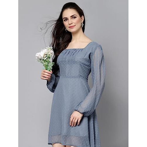 Lookmark Women's Georgette Butti Fit And Flare Midi A-Line One Piece Western Dress In Grey Color(Sd648-L)