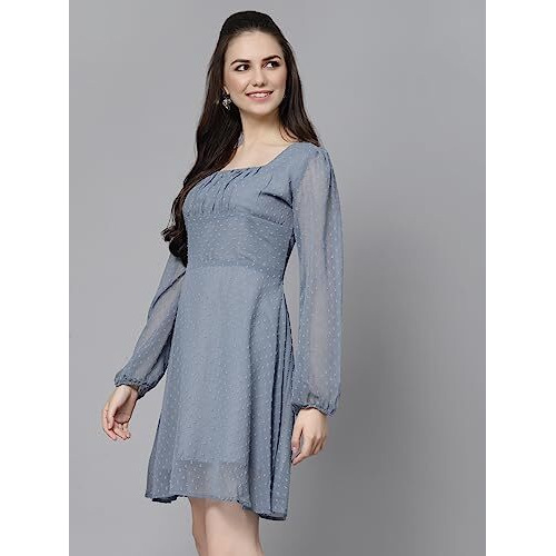 Lookmark Women's Georgette Butti Fit And Flare Midi A-Line One Piece Western Dress In Grey Color(Sd648-L)