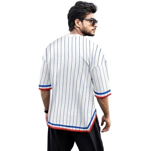Eyebogler Oversized Loose Fit Drop Shooulder Half Sleeves Cotton Blend Baggy Printed T-Shirt For Men White