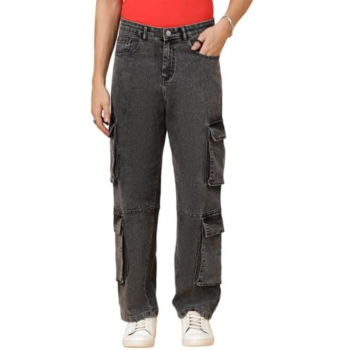 Kotty Men's Solid Mid Rise Straight Fit Stylish Looking Cargo Jeans(Grey,30)