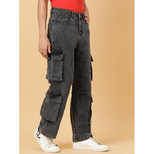 Kotty Men's Solid Mid Rise Straight Fit Stylish Looking Cargo Jeans(Grey,30)