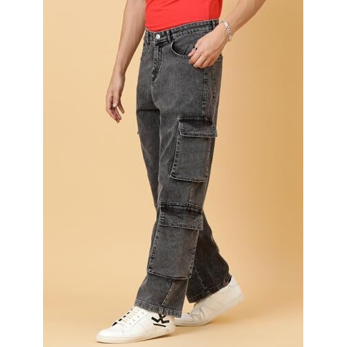 Kotty Men's Solid Mid Rise Straight Fit Stylish Looking Cargo Jeans(Grey,30)