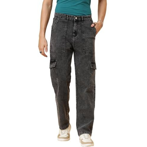 Kotty Men's Solid Mid Rise Straight Fit Stylish Looking Cargo Jeans(Grey,30)
