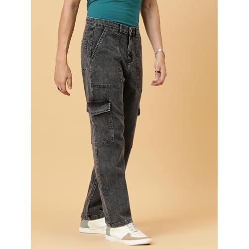 Kotty Men's Solid Mid Rise Straight Fit Stylish Looking Cargo Jeans(Grey,30)