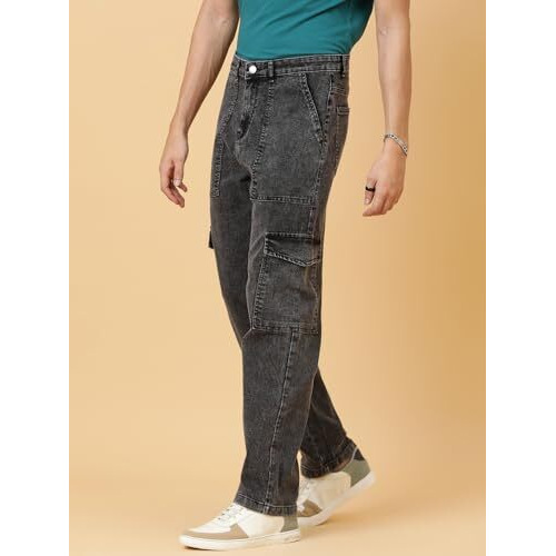 Kotty Men's Solid Mid Rise Straight Fit Stylish Looking Cargo Jeans(Grey,30)