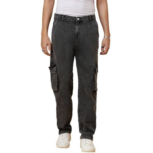Kotty Men's Solid Mid Rise Straight Fit Stylish Looking Cargo Jeans(Grey,36)