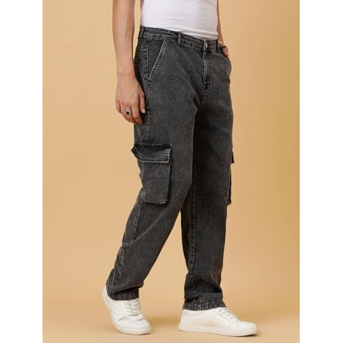 Kotty Men's Solid Mid Rise Straight Fit Stylish Looking Cargo Jeans(Grey,36)