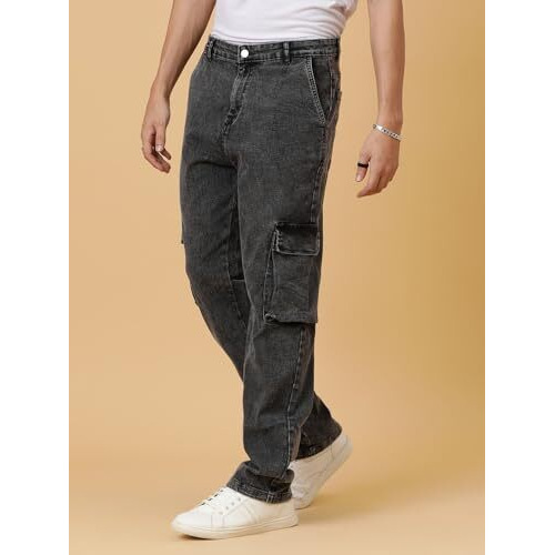 Kotty Men's Solid Mid Rise Straight Fit Stylish Looking Cargo Jeans(Grey,36)