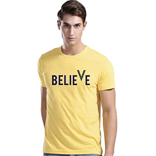 Adro Men's Believe Design Printed T-Shirt (Xl, Light Yellow)
