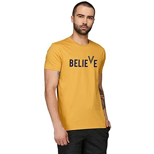 Adro Men's Believe Design Printed T-Shirt (Xl, Mustard)