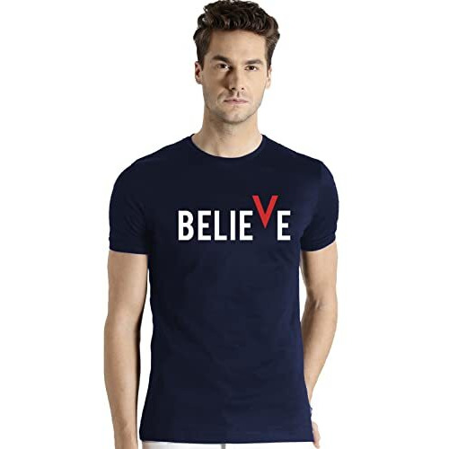 Adro Men's Believe Design Printed T-Shirt (S, Navy Blue)