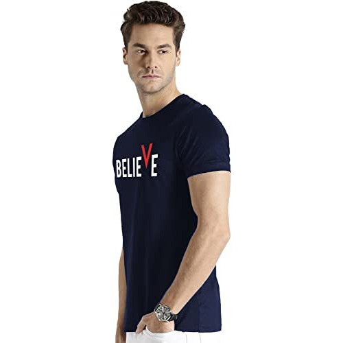 Adro Men's Believe Design Printed T-Shirt (S, Navy Blue)