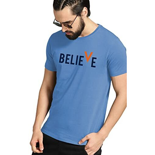 Adro Men's Believe Design Printed T-Shirt (L, Sky Blue)