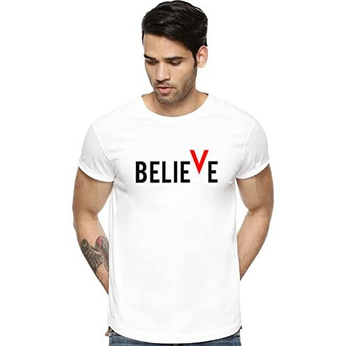 Adro Men's Believe Design Printed T-Shirt (L, White)
