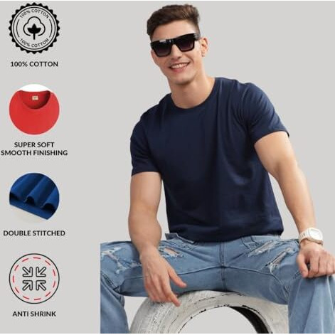 Adro Men's Solid Regular Fit T-Shirt (Rcm3-Pln-Bl-Nb-Sk_Black,Navy,Sky Blue