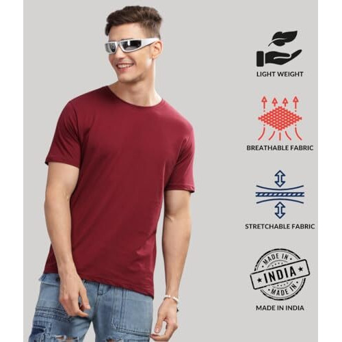 Adro Men's Solid Regular Fit T-Shirt (Rcm3-Pln-Mr-Ol-Be_Maroon,Olive,Beige