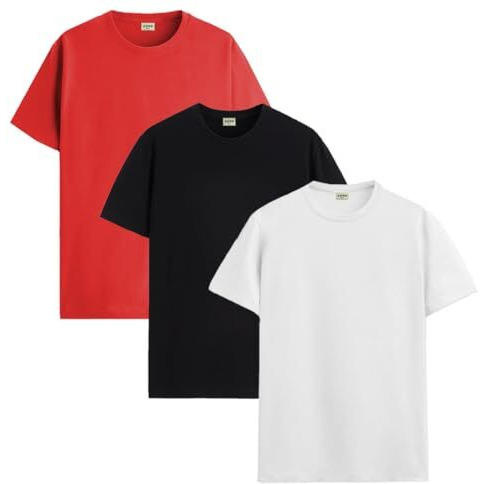 Adro Men's Solid Regular Fit T-Shirt (Rcm3-Pln-Rd-Bl-Wh_Red,Black,White