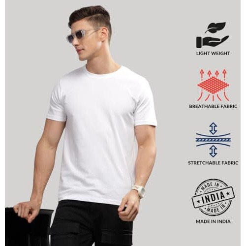 Adro Men's Solid Regular Fit T-Shirt (Rcm3-Pln-Wh-Wh-Wh_White
