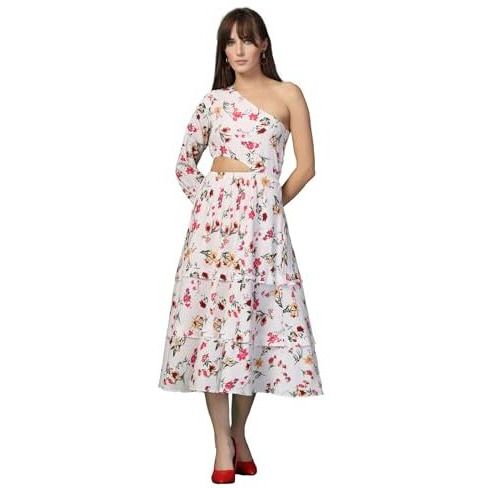 Oomph Women's Western & Fusion Wear Printed Crepe Dress For Women, One Shoulder, White - Md1061