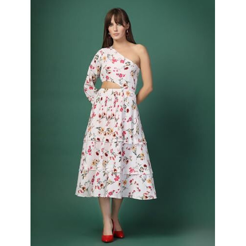 Oomph Women's Western & Fusion Wear Printed Crepe Dress For Women, One Shoulder, White - Md1061