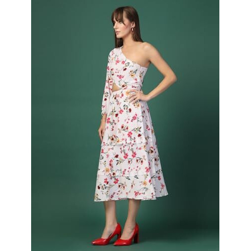 Oomph Women's Western & Fusion Wear Printed Crepe Dress For Women, One Shoulder, White - Md1061