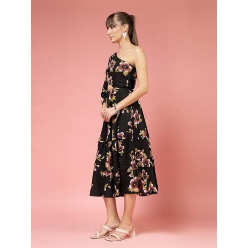 Oomph Women's Western & Fusion Wear Printed Crepe Dress For Women, One Shoulder, Black - Md1073