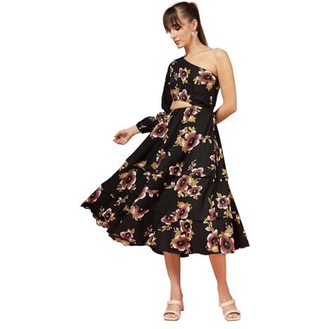 Oomph Women's Western & Fusion Wear Printed Crepe Dress For Women, One Shoulder, Black - Md1073