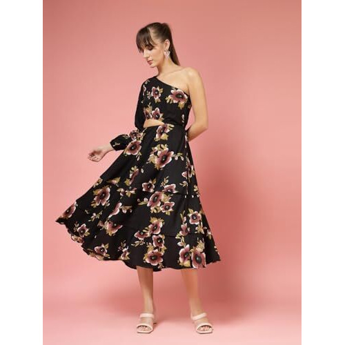 Oomph Women's Western & Fusion Wear Printed Crepe Dress For Women, One Shoulder, Black - Md1073