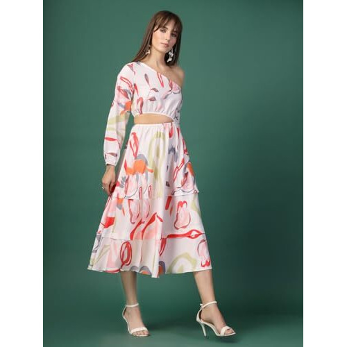 Oomph Women's Western & Fusion Wear Printed Crepe Dress For Women, One Shoulder, White - Md1080