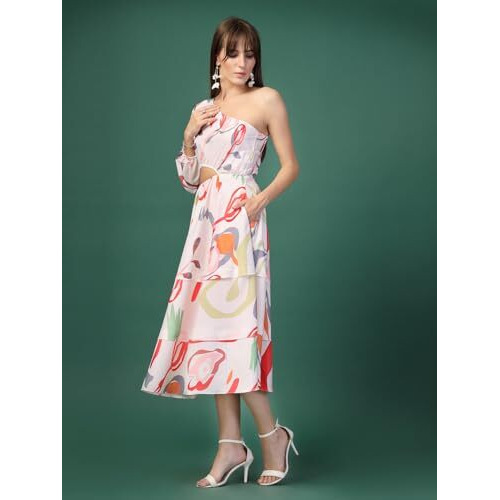 Oomph Women's Western & Fusion Wear Printed Crepe Dress For Women, One Shoulder, White - Md1080