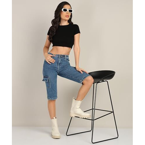 Nifty Women's Denim Straight Fit Cargo Capris (1461_Ice_30_Sky_Blue_30)