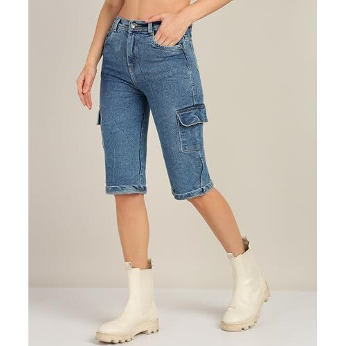 Nifty Women's Denim Straight Fit Cargo Capris (1461_Ice_30_Sky_Blue_30)