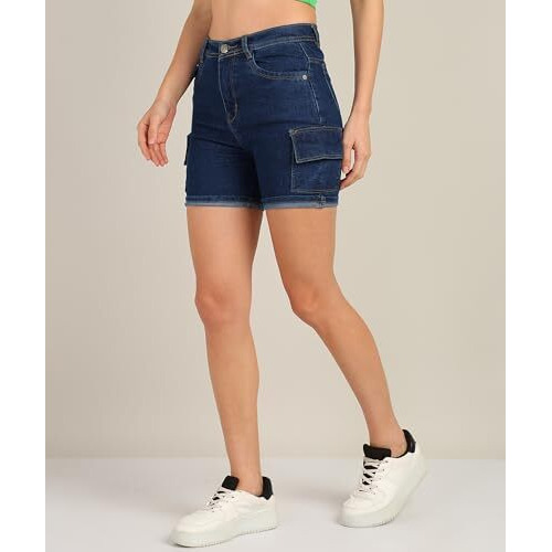 Nifty Women's Denim Straight Fit Cargo Shorts (1462_Blu_30_Blue_30)