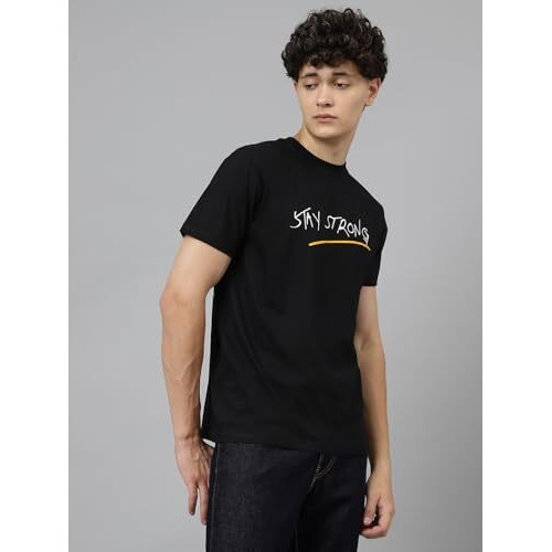 Lookmark Men's Printed Pure Cotton Oversized Round Neck Longline Drop Shoulder Short Sleeve Tshirt (Az-Lm-P1-Mt19 Black-L)