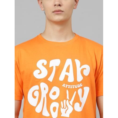 Lookmark Men's Printed Pure Cotton Oversized Round Neck Longline Drop Shoulder Short Sleeve Tshirt (Az-Lm-P1-Mt25 Orange-L)